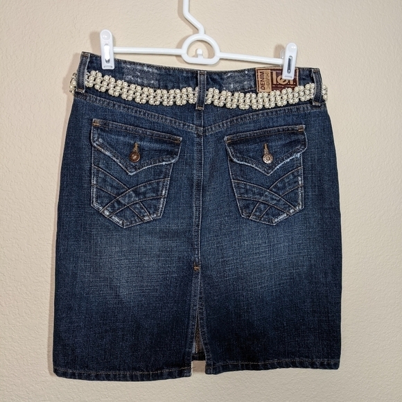 Denim Mini Skirt with Pearl Bead and Silver Belt - Picture 3 of 7